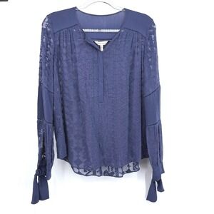 Rebecca Taylor Blouse Womens 4 Navy 100% Silk Sheer Lace Tie Cuff Long Sleeve‎